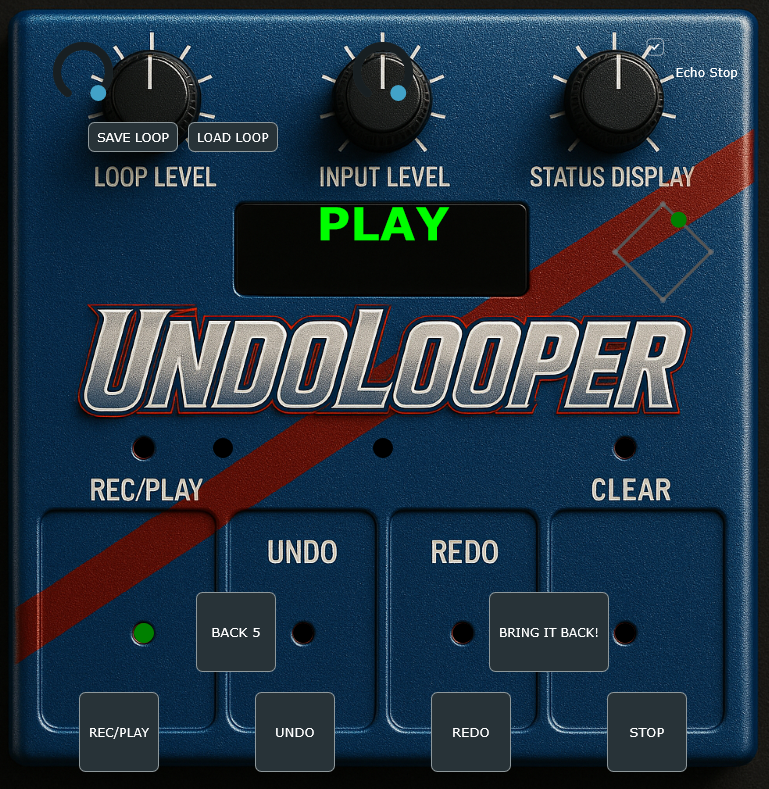UndoLooper VST interface showing looper controls, waveform display, and unlimited undo/redo buttons