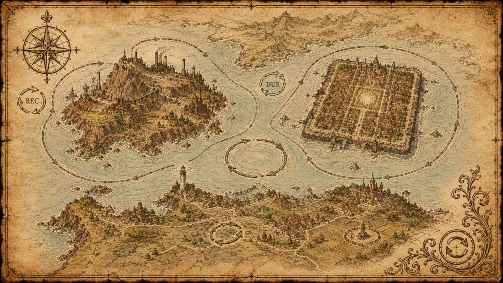 Illustrated map of the live looper landscape in 2026, with UndoLooper marked as a newer town on the Plugin Coast among Mobius, Enso, and other Mac and Windows loopers.